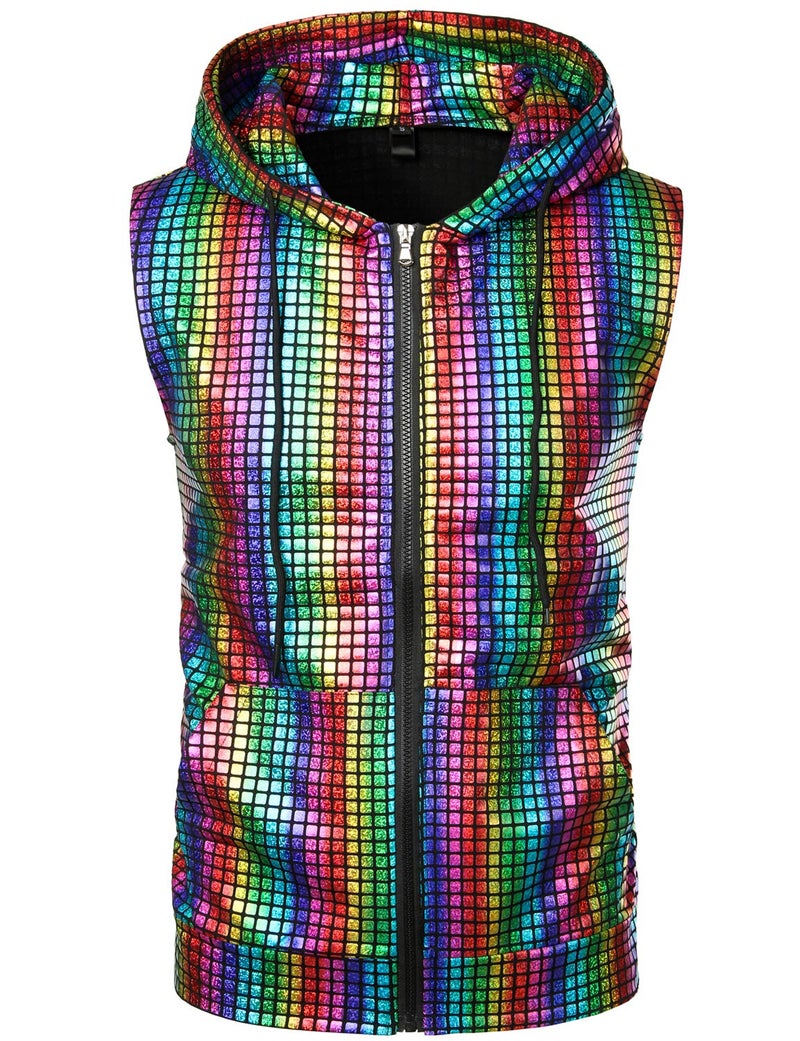 ZEROYAA Mens Hipster Metallic Sequins Zip Up Sleeveless Hooded Vest T Shirt with Kangaroo Pocket ZLSV17 Multicolour Medium - Image 1